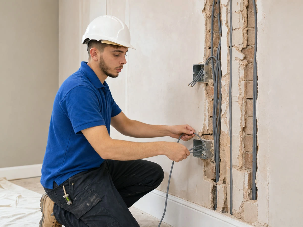New electrical cabling run through a stripped-back wall during a rewire by Lighting Electrical