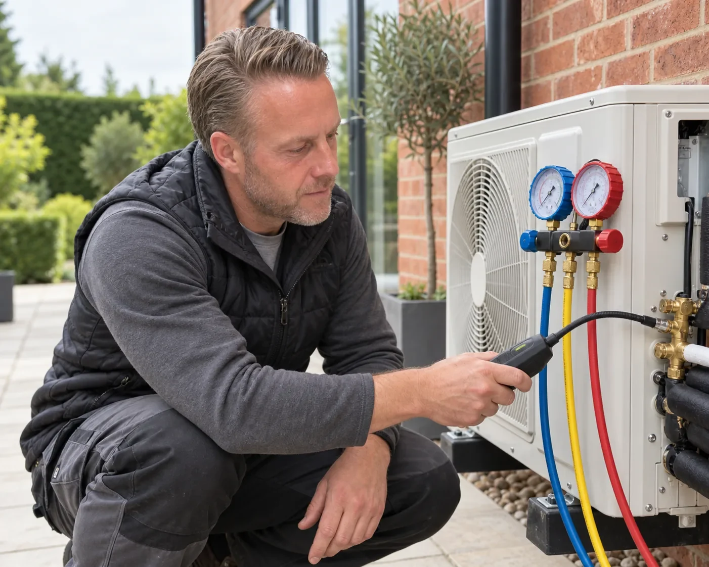 Martin from Perennia Climate Services checking an outdoor condenser for leaks with gauges connected