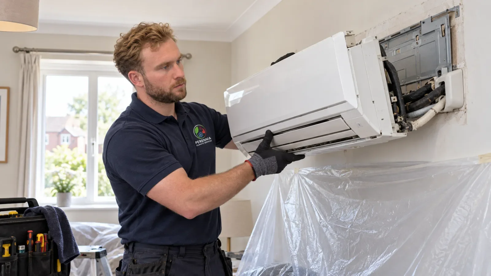 Perennia Climate Services technician moving an isolated outdoor condenser on a low trolley