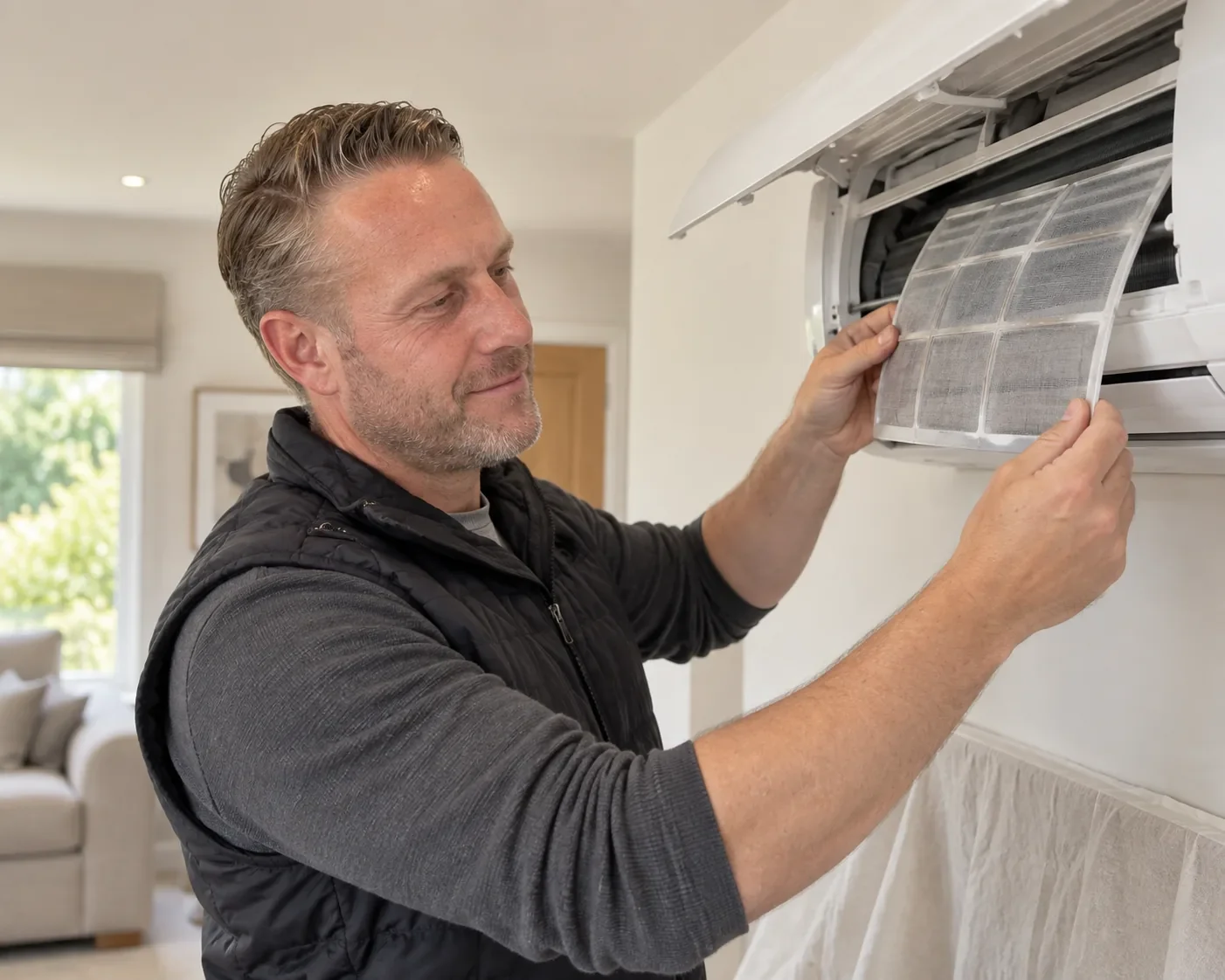 Martin from Perennia Climate Services cleaning a wall mounted indoor unit with the filter removed
