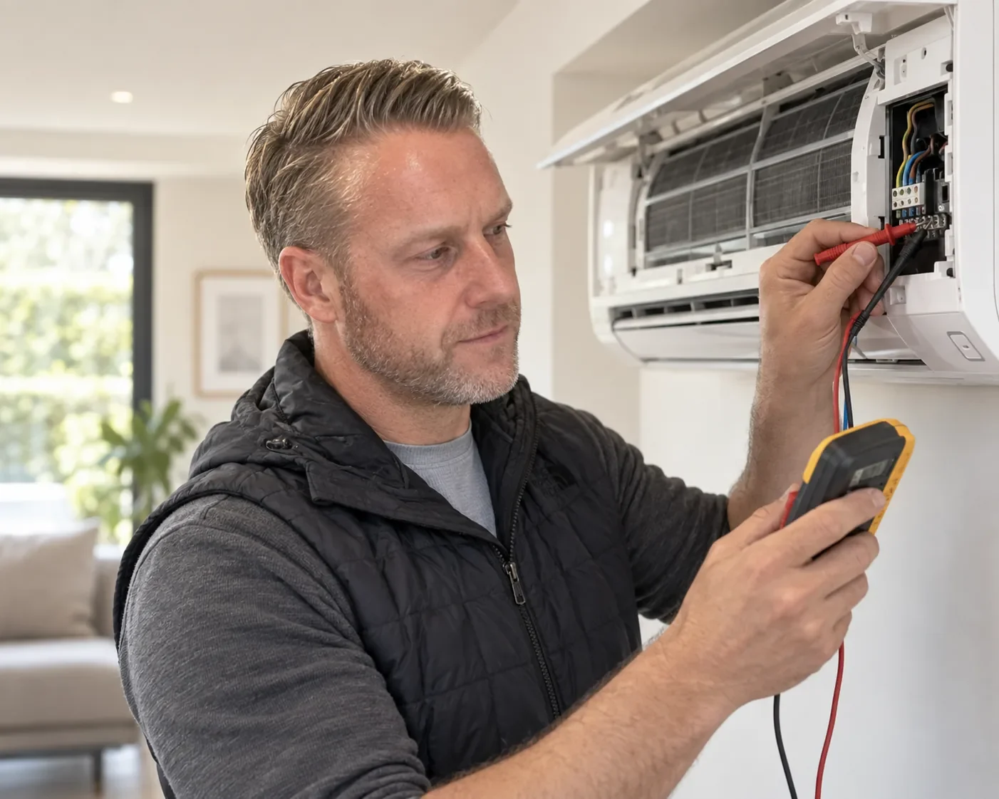 Martin from Perennia Climate Services testing an open wall mounted indoor unit with a digital multimeter