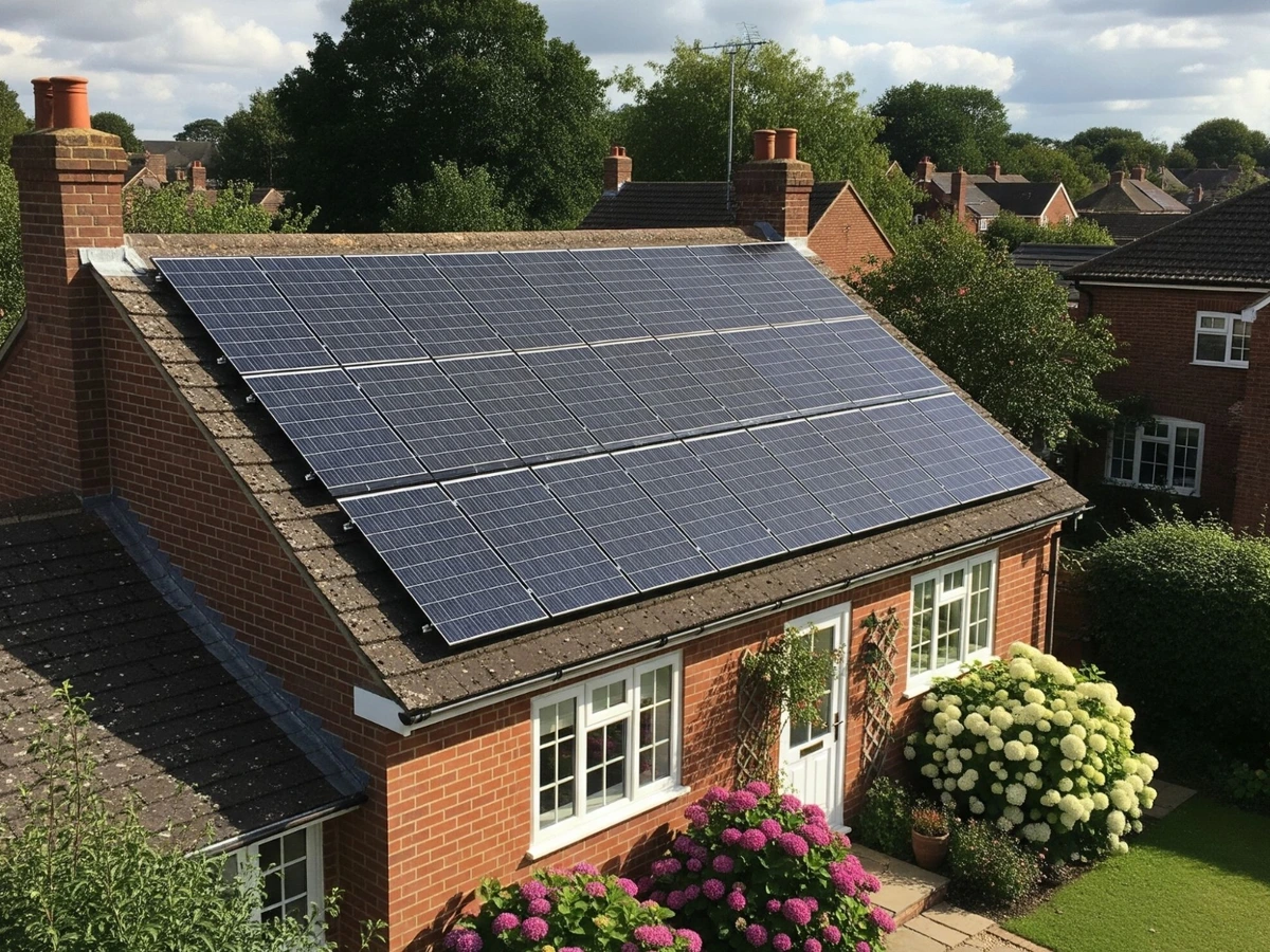 Three rows of solar panels on a tiled house roof