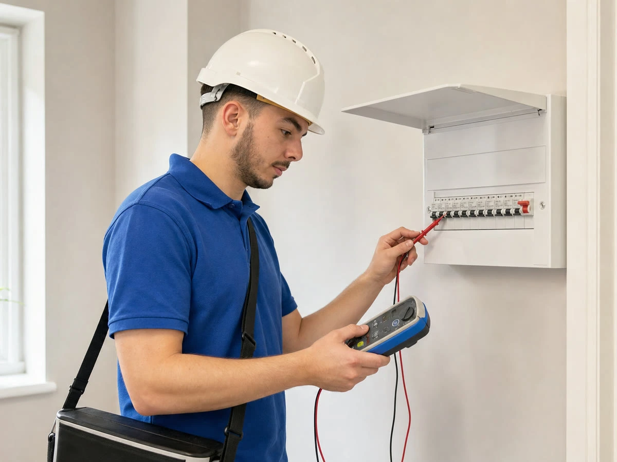 Electrician testing a domestic consumer unit during electrical fault finding by Lighting Electrical