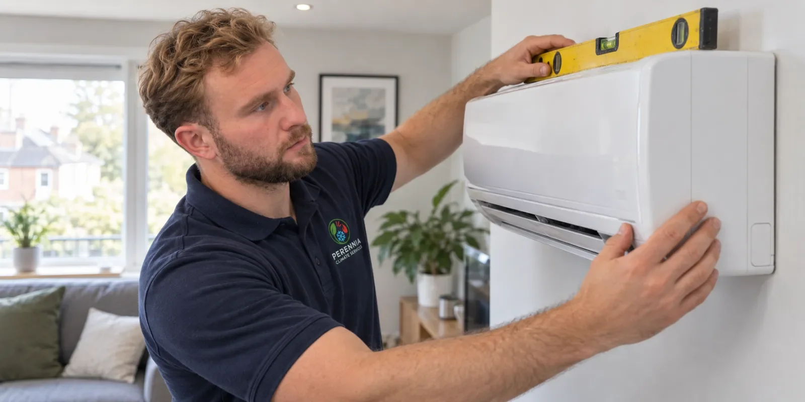 Perennia Climate Services technician checking the level of a newly mounted indoor split unit in a UK living room