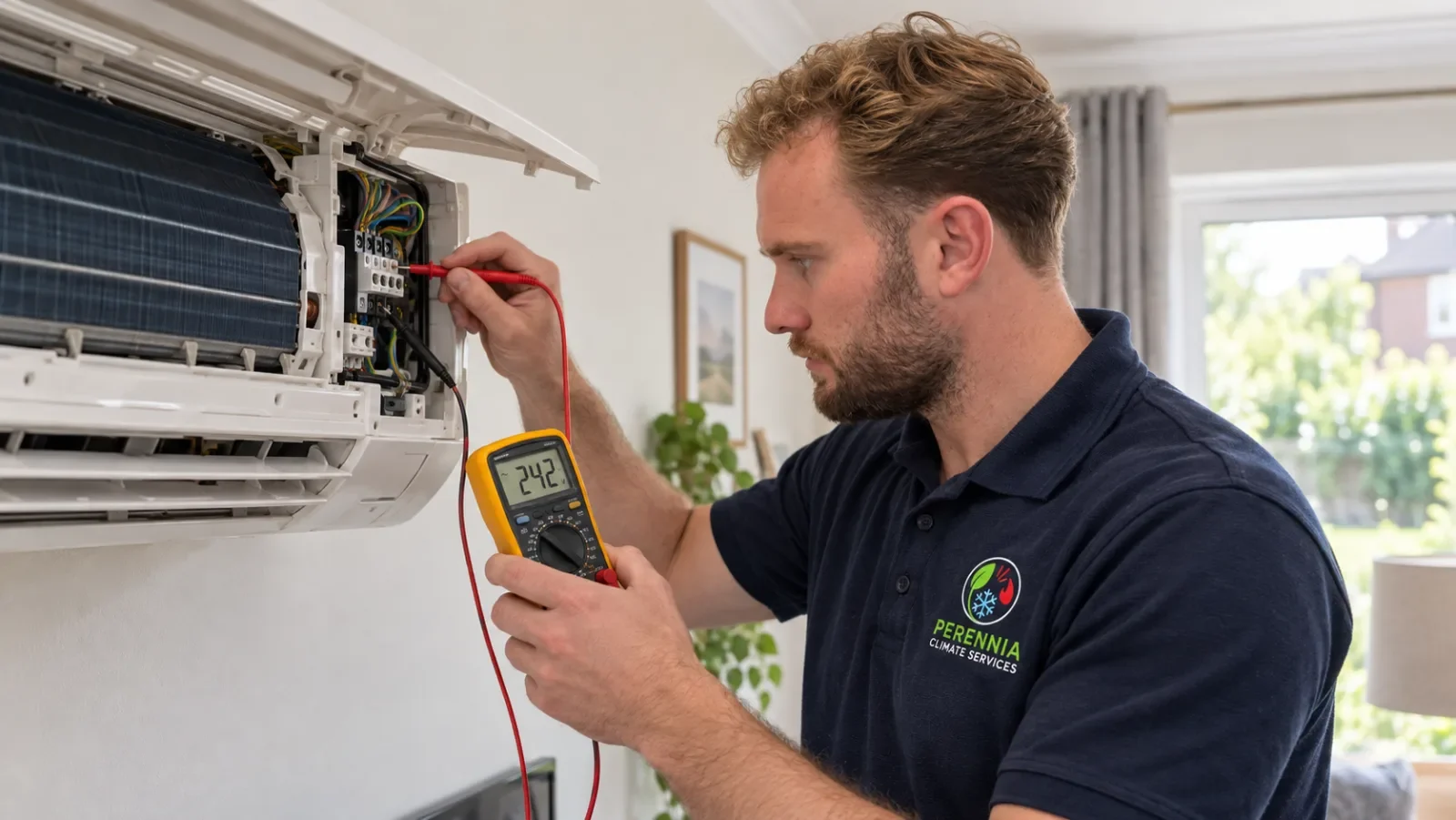 Perennia Climate Services technician testing an open wall mounted indoor unit with a digital multimeter